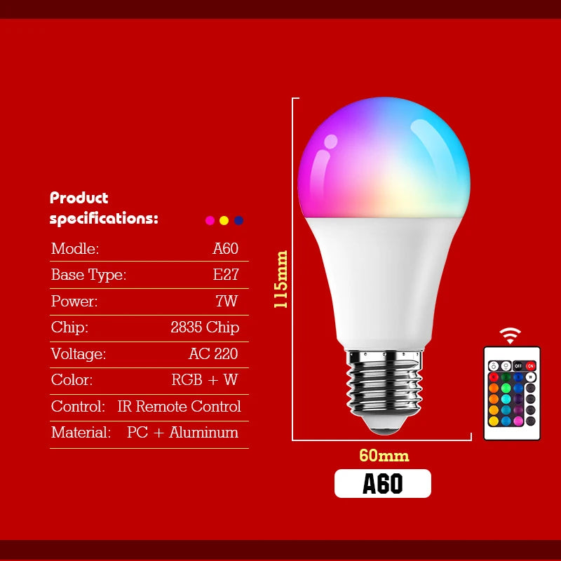 מנורת לד חכמה RGB משולבת צבעים עם שלט רחוק, הברגה E27 ותאורת אווירה מתקדמת (Copy)