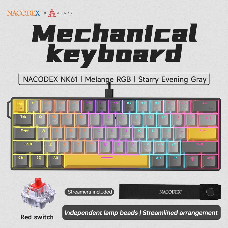 מקלדת מכאנית Ajazz NK61 | 61 מקשים | תאורת RGB | מתגים אדומים Hot-Swap