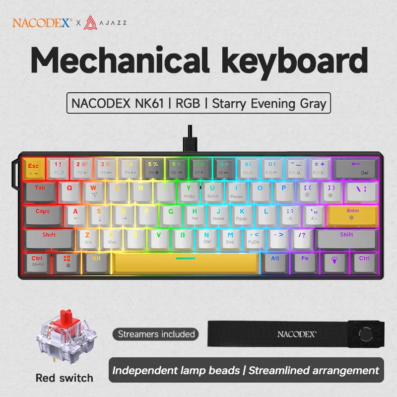מקלדת מכאנית Ajazz NK61 | 61 מקשים | תאורת RGB | מתגים אדומים Hot-Swap
