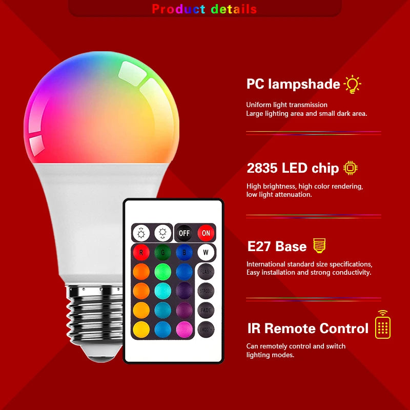 מנורת לד חכמה RGB משולבת צבעים עם שלט רחוק, הברגה E27 ותאורת אווירה מתקדמת (Copy)