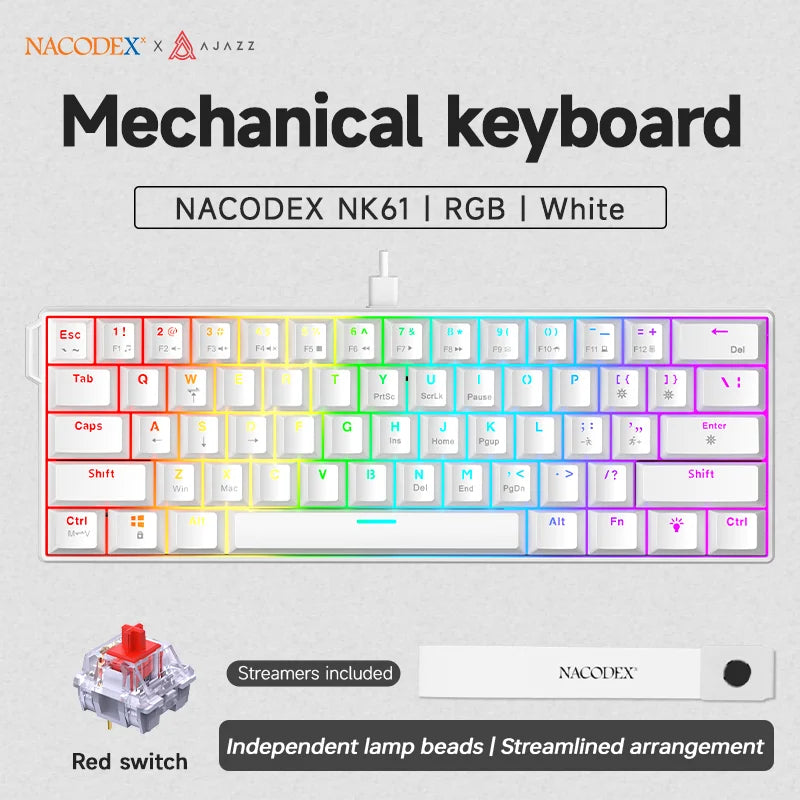 מקלדת מכאנית Ajazz NK61 | 61 מקשים | תאורת RGB | מתגים אדומים Hot-Swap