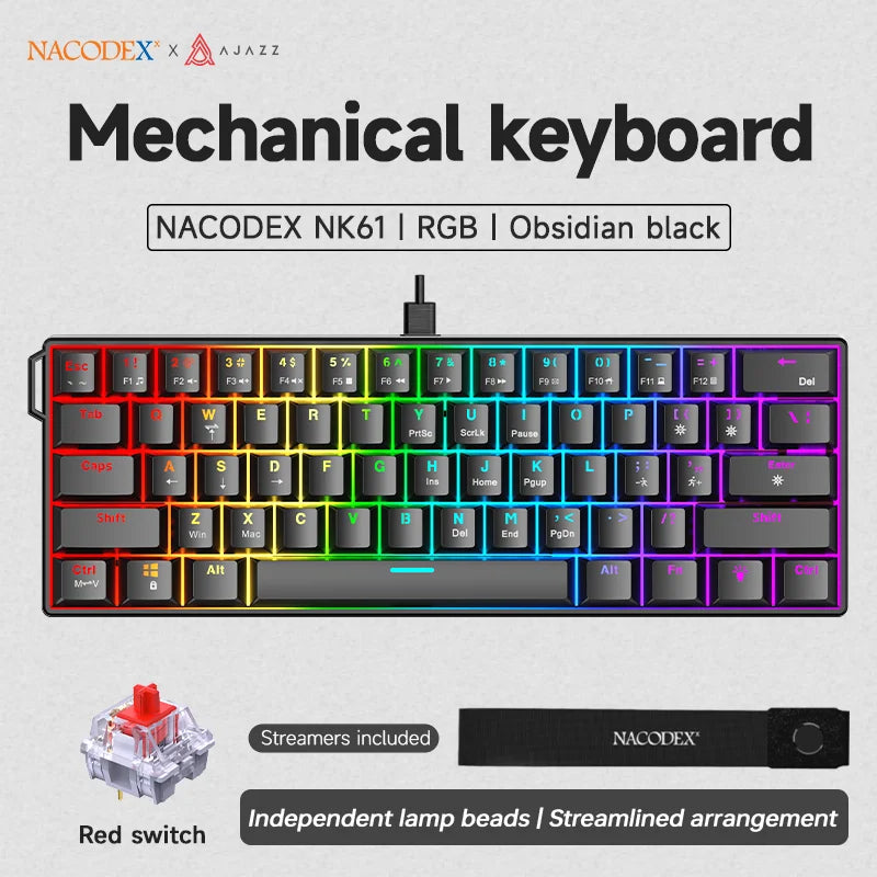 מקלדת מכאנית Ajazz NK61 | 61 מקשים | תאורת RGB | מתגים אדומים Hot-Swap