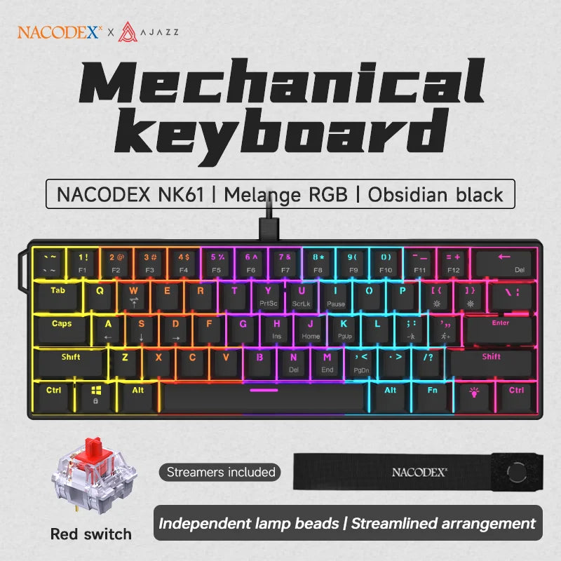 מקלדת מכאנית Ajazz NK61 | 61 מקשים | תאורת RGB | מתגים אדומים Hot-Swap