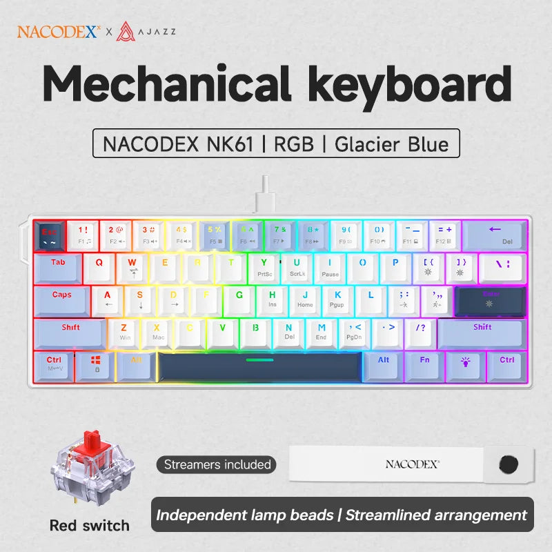 מקלדת מכאנית Ajazz NK61 | 61 מקשים | תאורת RGB | מתגים אדומים Hot-Swap